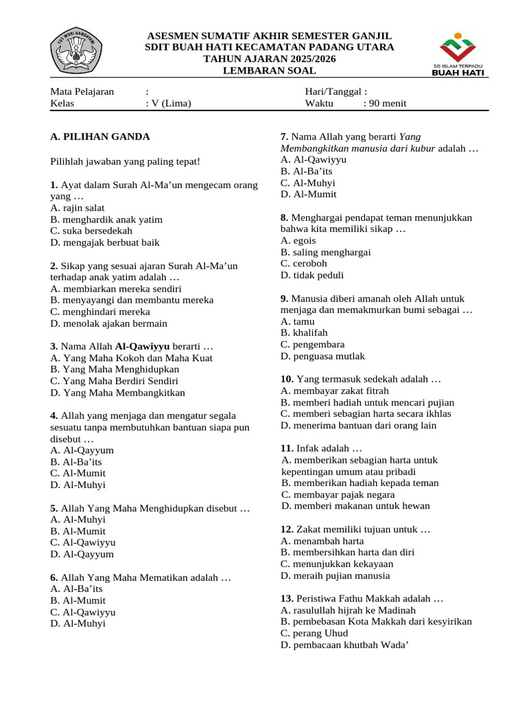 Soal UAS SDIT Buah Hati Kelas V PDF Soal UAS SDIT Buah Hati Kelas V PDF