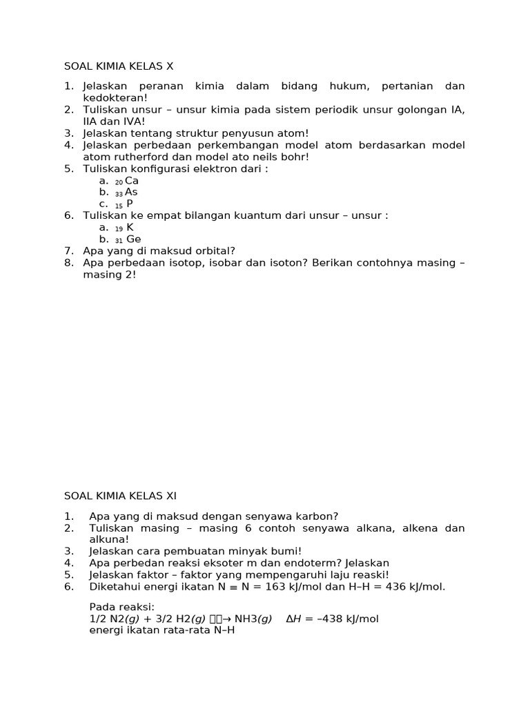 Soal Kimia Kelas X-XII Lengkap PDF
