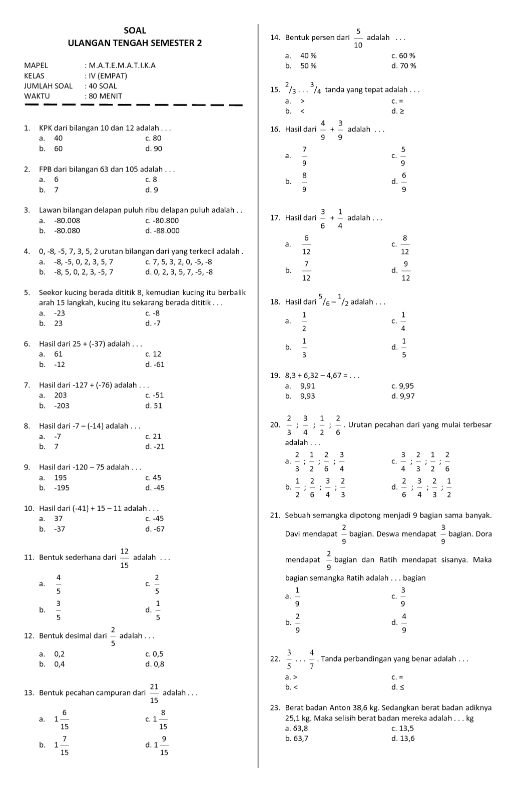Menguasai Matematika Kelas 4 Semester 2 Kumpulan Contoh Soal Ujian Menguasai Matematika Kelas 4 Semester 2 Kumpulan Contoh Soal Ujian