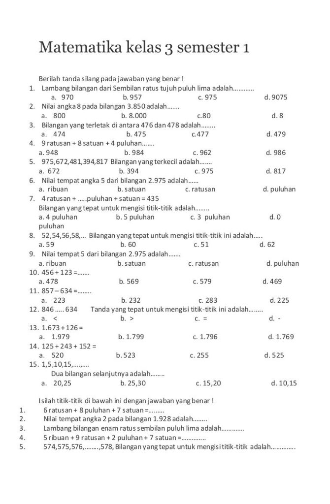 Akhirnya Tersedia Link Download Soal Semester 1 Kelas 3 SD Matematika Doc untuk Persiapan Ujian