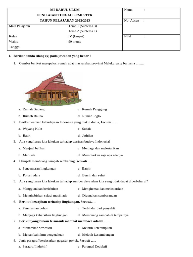 PTS KELAS 4tema 1 Subtema 3 Tema 2 Subtema 1 PDF