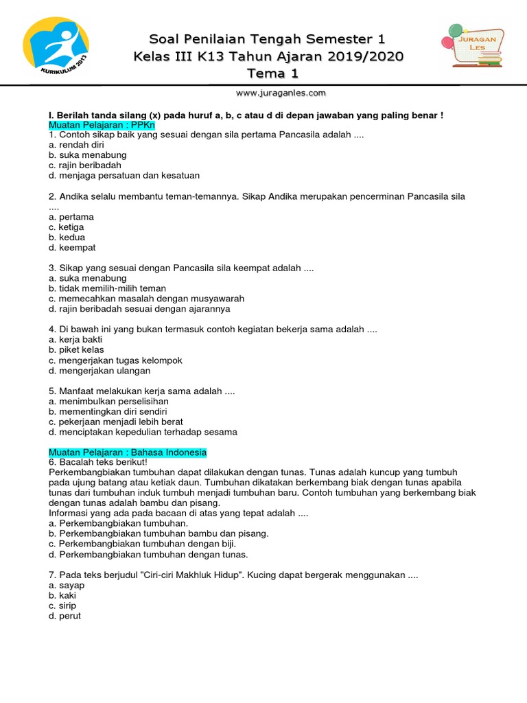 Soal PTS Kelas 3 Tema 1 K13 PDF Soal PTS Kelas 3 Tema 1 K13 PDF