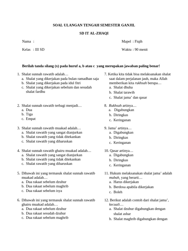 Soal UTS Fiqih Kelas III SD IT Al-Zhaqi PDF Soal UTS Fiqih Kelas III SD IT Al-Zhaqi PDF
