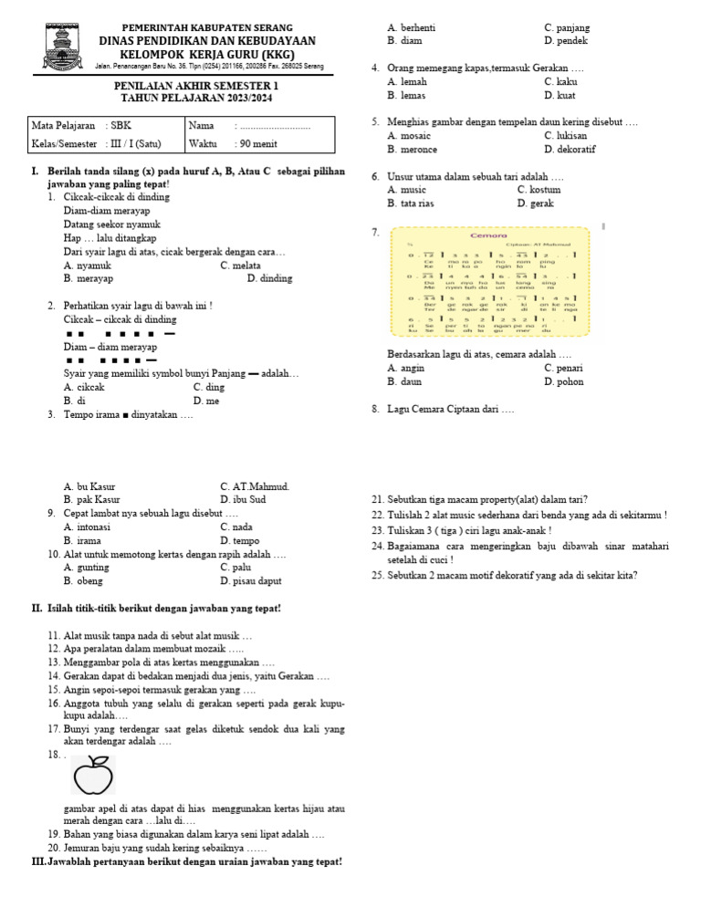 Soal SBK Kelas 3 Semester 1 PDF