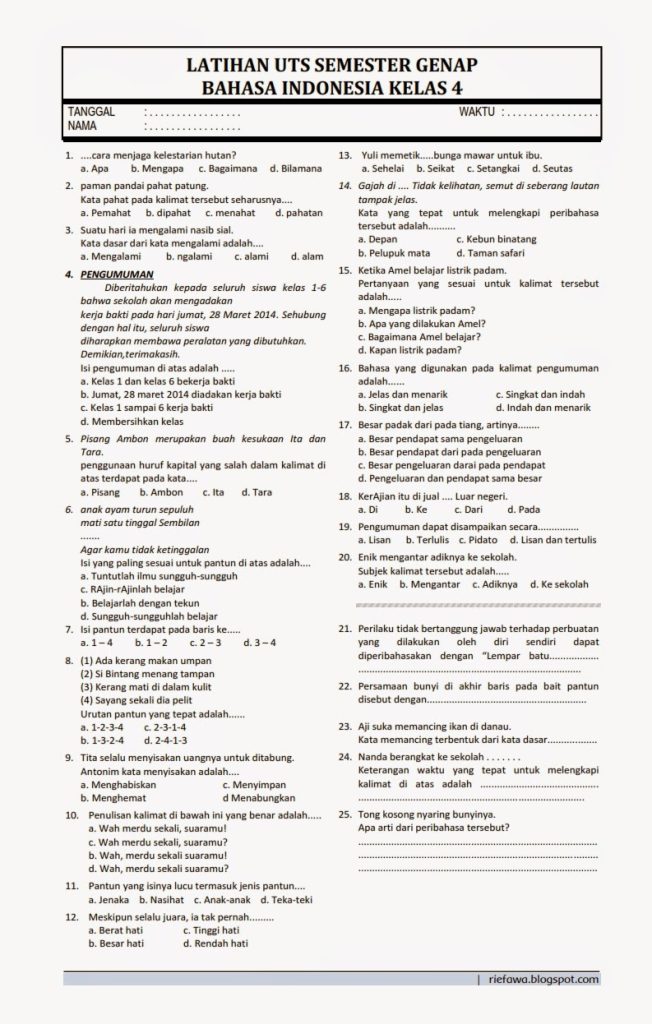 contoh soal bahasa indonesia kelas 4 tema 6 contoh soal bahasa indonesia kelas 4 tema 6
